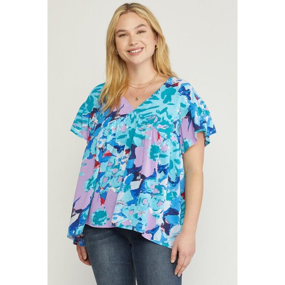 Entro Floral Ruffle Sleeve Top, Blue - Picture 2 of 7